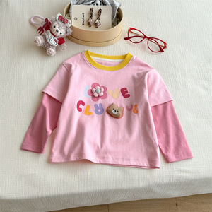 Tongxingyuan Girls T-Shirt Off White Pink Cotton Jersey Faux Two Piece Study Time Print Spring Autumn Kids Clothing - Product Image 3