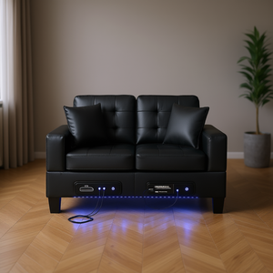 Sofá de Dos Plazas Genesis de 55.5 Pulgadas en Tela de PVC Negra con Respaldo Acolchado, Luces LED y Cargador USB, Sofá Contemporáneo para Sala de Estar - Product Image 2