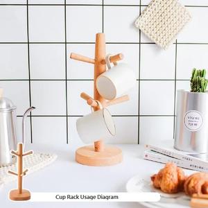 13Cm Light Beige Space-Saving Kitchen Storage Solid Wood <b>Cup</b> Rack With 6 Hooks - Product Image 5
