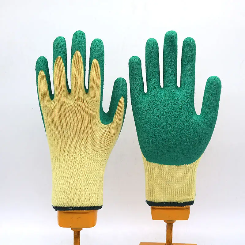Anti slip yellow knitted cotton lining construction gloves green crinkle latex coated work gloves