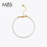 Bracelet en argent plaqué or 18 carats avec fermoir et chaîne d'extension, perles de riz d'eau douce de 2-3 mm