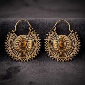 Pendientes de Aro de Latón Chapado en Oro Antiguo con Diseño de Flor y Piedra Ojo de Tigre, Joyería Vintage para Mujer - Product Image 1