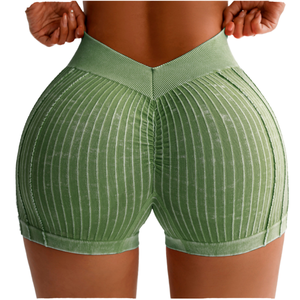 Shorts de Yoga para Mujer, Sensación de Desnudez, Levanta Glúteos, Cintura en V, Color Durazno Sólido, Efecto Lavado, Acanalados, Cintura Alta, para Gimnasio y Deportes al Aire Libre - Product Image 1