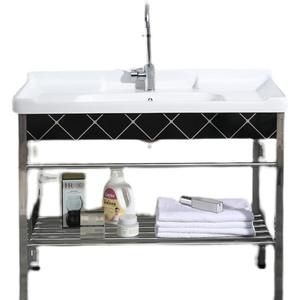 Fregadero de Lavandería de Cerámica Lida, de un Solo Tazón, con Marco de Acero Inoxidable, Superficie Brillante, Independiente, para Cocina - Product Image 1