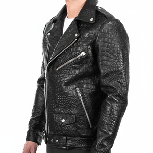 Veste de moto classique en toile imperméable de haute qualité, embossée en cuir de crocodile noir, fermeture éclair, écologique - Product Image 1