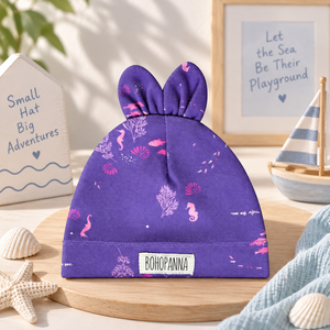 BOHOPANNA Gorro morado para bebé con orejas de conejo y estampado de vida marina para niñas, bebés y niños pequeños - Product Image 1