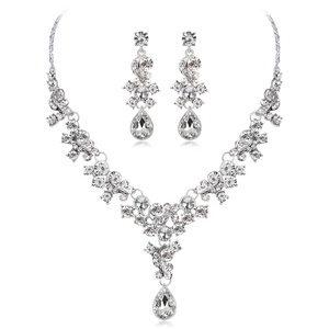 Red Bridal Jewelry Set Luxury Silvertone Crystal Teardrop Rhinestone Charming Necklace and Earrings For Brides Bridesmaids