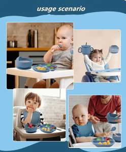 Ensemble de 6 couverts antidérapants de style américain pour bébés et tout-petits, avec bavoir en silicone de qualité alimentaire, assiette à ventouse, biberon, bol et cuillère pour enfants - Product Image 4