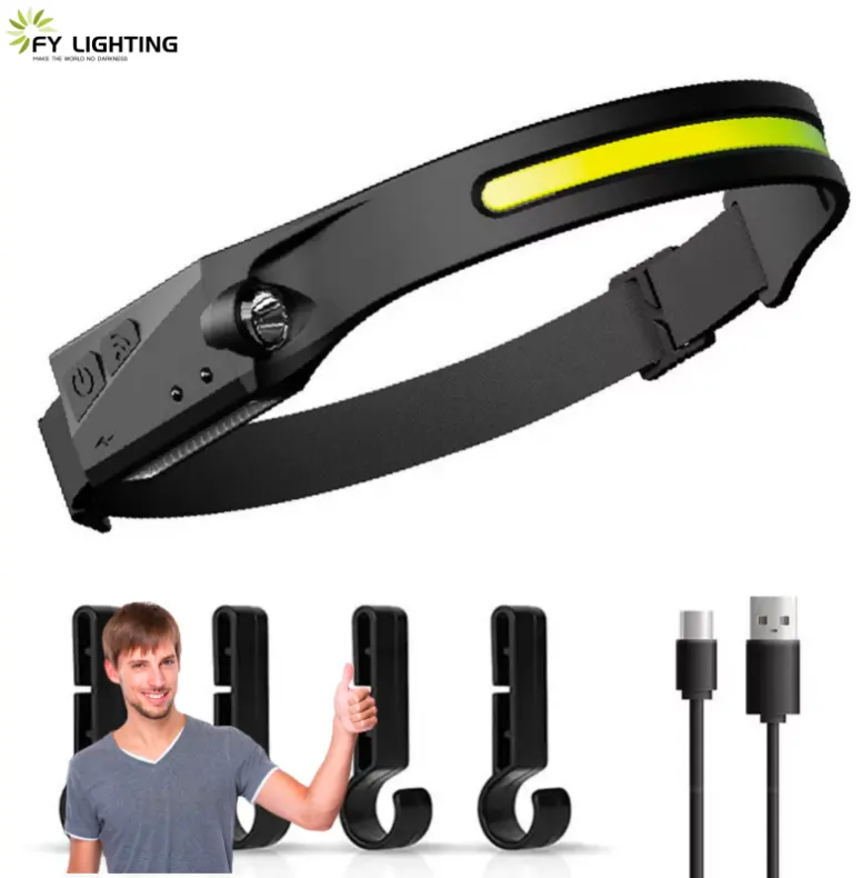 COB LED Headlamp Sensor Headlight 5 Lighting Modes Work Light USB Rechargeable Head Lamp Torch with Built-in Battery