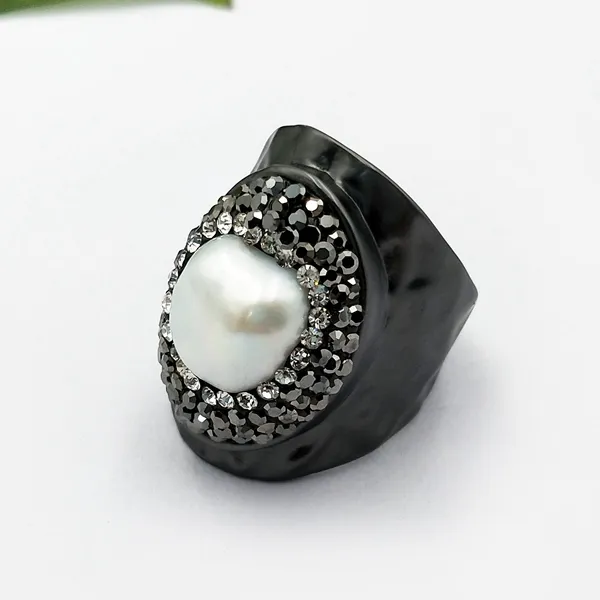 genuine baroque pearls pave rhinestone white pearl black cuff ring gemstone man resizable finger rings open ring hip hop style