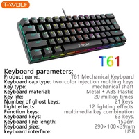 Clavier de jeu mécanique compact T61, interrupteur bleu, USB filaire, rétroéclairage RVB, clavier portable pour ordinateur de bureau, ordinateur portable, bureau