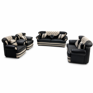 Conjunto de sofás modernos en contraste, sofá de cuero negro y crema 1+1+2+3 con capitoné de botones de diamante, muebles para sala de estar - Product Image 1