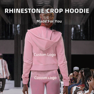 Sweat à capuche pour femme en coton tricoté épais 100% avec strass, personnalisable, style streetwear, coupe courte, fermeture éclair frontale, respirant et doublé - Product Image 2
