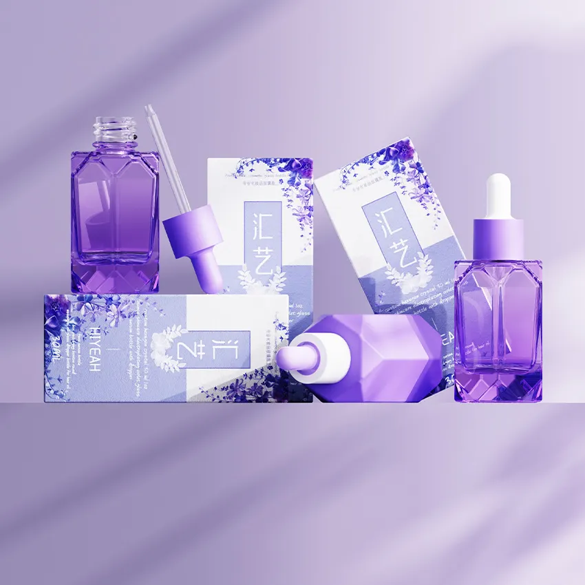 30 ml kundendefinierte luxuriöse lila sechseck-glas-tropfflaschen kundendefinierte kosmetika gesicht haar serum ätherisches Öl