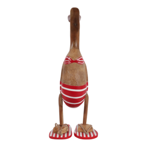 Statuetta di anatra in legno con bikini, a righe rosse e bianche, scultura decorativa per la casa, il bagno, l'ufficio, il soggiorno. - Product Image 3