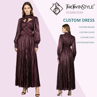 Robe longue plissée de luxe violet foncé pour femme, col montant, manches longues, pour soirée, bal de promo, cérémonie, vente en gros