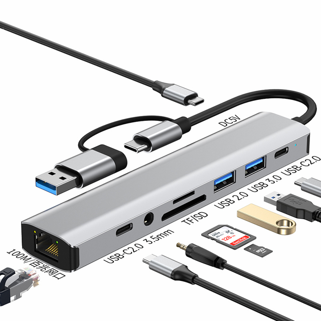 High Quality 9 In1 Type c Docking Station 100M Internet Speed for Laptop and Usb Hub Type c with c Detachable Cableable