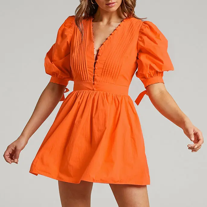 Summer Fashion Short Dress Pure Cotton Casual Women Puff Sleeve Sexy V Neck Orange Dress