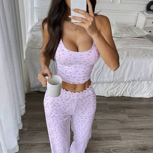 Ensemble pyjama floral pour femmes, sans manches, avec bretelles, pantalon de détente, respirant, en tricot doux, vêtements de nuit - Product Image 1