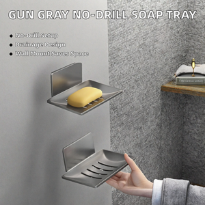 Jabonera rectangular gris acero para montar en la pared con drenaje, sin perforaciones, para almacenamiento en el baño. - Product Image 2