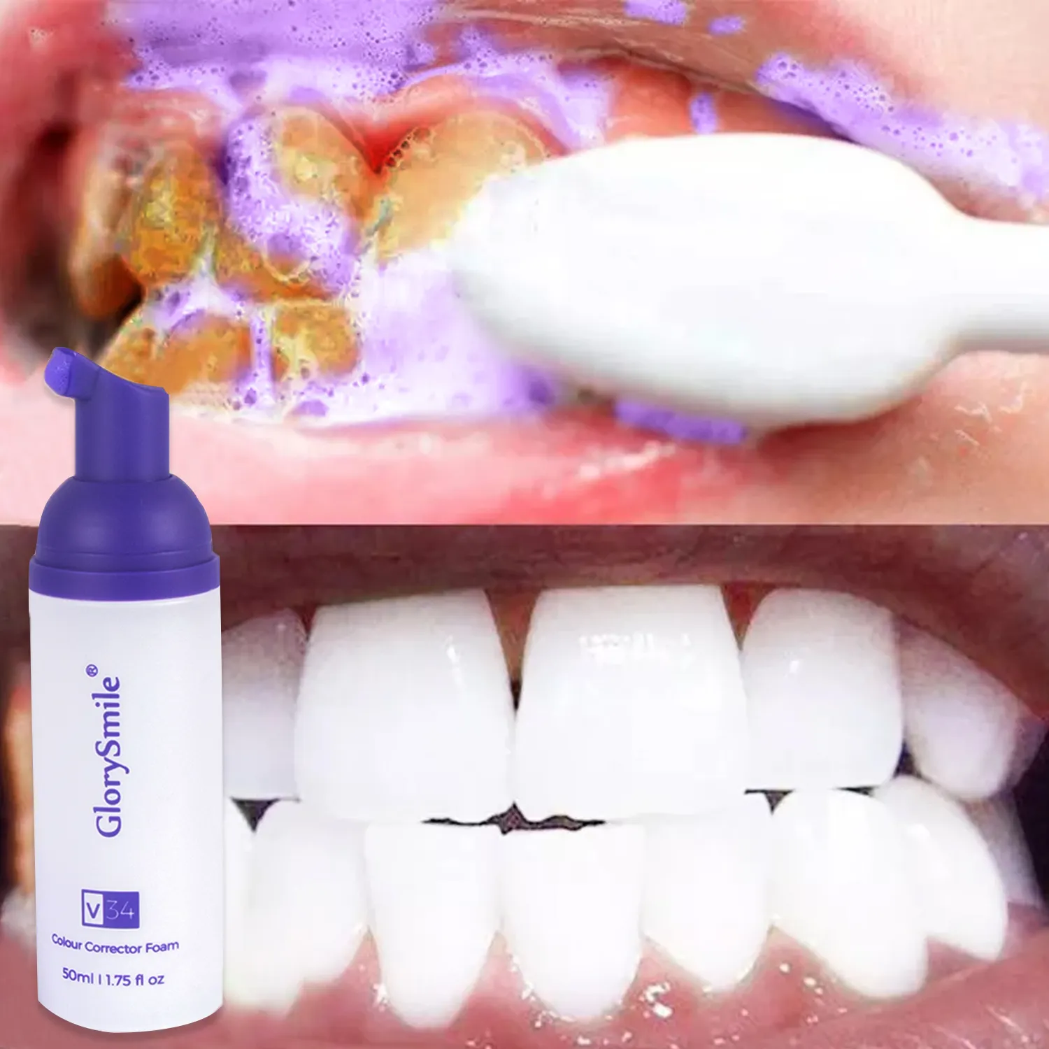 Glorysmile Format voyage 50ml Dentifrice violet Mousse dentifrice liquide blanchissante pour les dents V34 Mousse correctrice de couleur logo privé