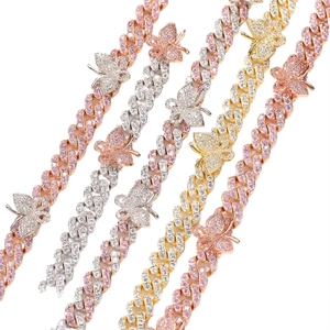 Chaîne cubaine pour femme plaquée or 18 carats, style hip-hop, avec petits zircone cubiques <span class=keywords><strong>de</strong></span> 9 mm, idéale pour les soirées, principalement en laiton - Product Image 1
