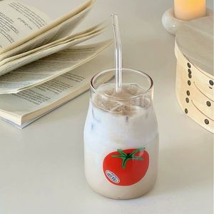 Tasse à café créative en verre borosilicate résistant à la chaleur, motif <span class=keywords><strong>tomate</strong></span> de dessin animé, avec paille - Product Image 4