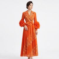 Robe longue plissée décontractée à col rabattu pour femme, collection automne 2025, manches lanternes, taille empire, respirante 3D, drapée