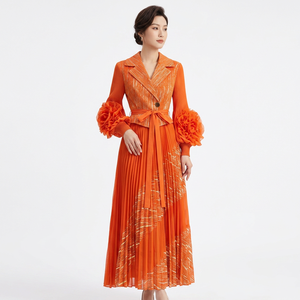 Robe longue plissée décontractée à col rabattu pour femme, manches lanternes, taille empire, dentelle 3D – Collection Automne 2025 - Product Image 5
