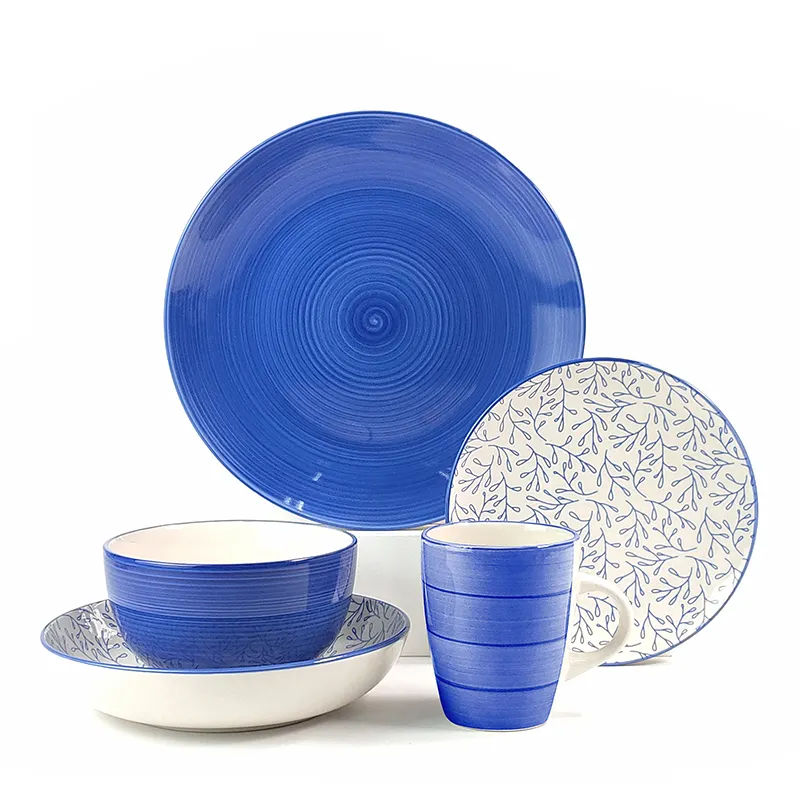 Vaisselle personnalisée bleu et blanc tampographie assiette florale ensemble de vaisselle vente en gros