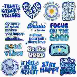 Patch brodé thermocollant écologique, vert frais, bleu, rose, violet clair, avec des phrases et mots inspirants en anglais sur l'énergie positive - Product Image 2