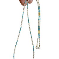 Kalung Mutiara Air Tawar Zirkon Bambu 3-7mm Perak Sterling Berlapis Emas Magnet Bunga Mobil Gesper Panjang Total 58cm Serbaguna
