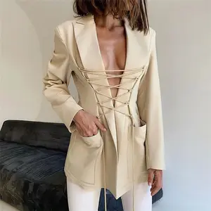 Sonbahar kış şık bandaj kadınlar için Coat Tops katı renk günlük ceketler zarif ofis Lady Streetwear kadın seksi Blazers