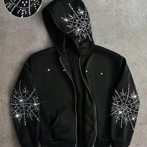 Sudadera con capucha y cremallera para hombre, con estampado gráfico de pedrería personalizado, corte holgado, estilo streetwear, vintage, lavado y desgastado, oversize, hombros caídos - Product Image 2