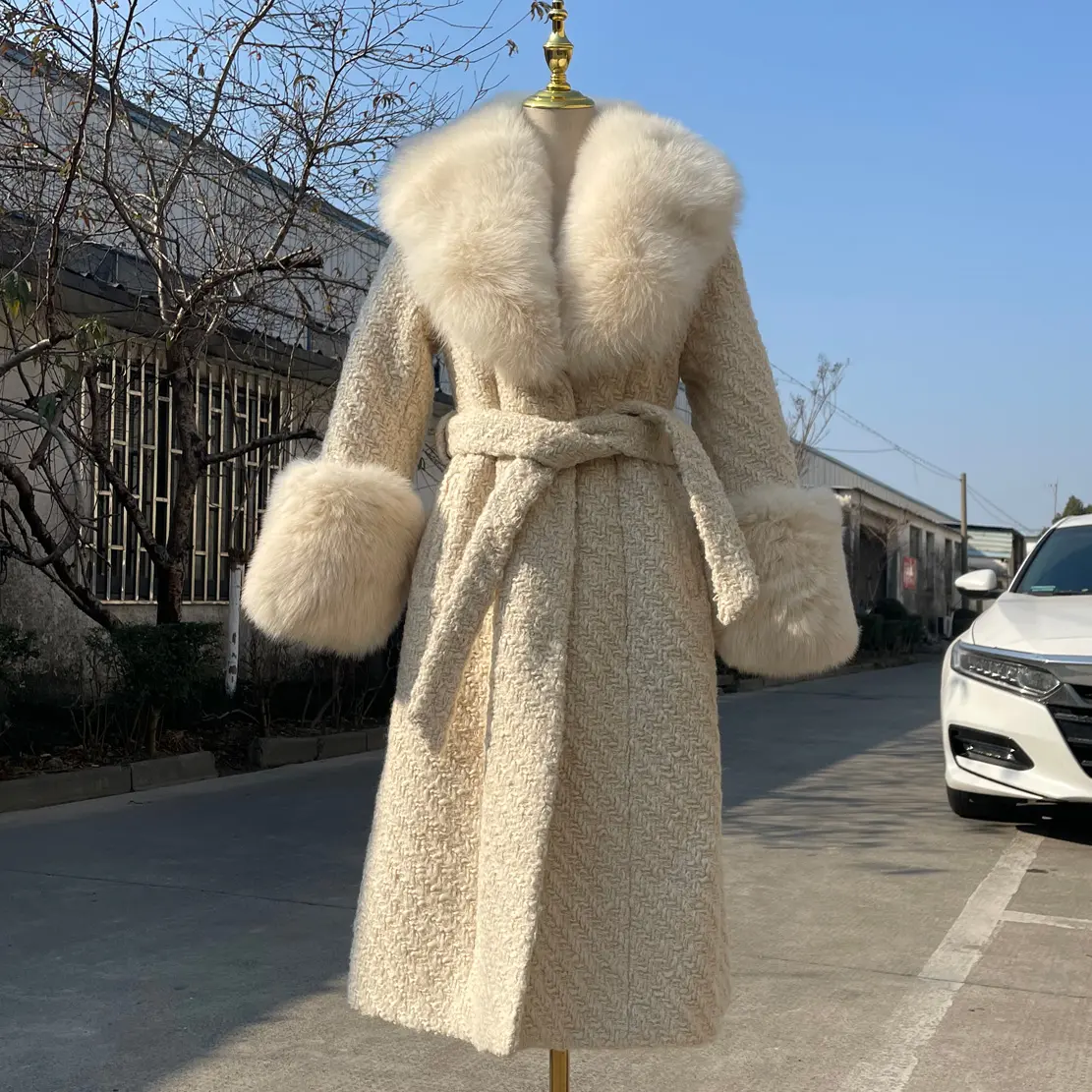 QIUCHEN-Chaqueta larga de lana con cinturón para mujer, abrigo de Tweed de piel de zorro Real de lujo, moda de invierno QC21097