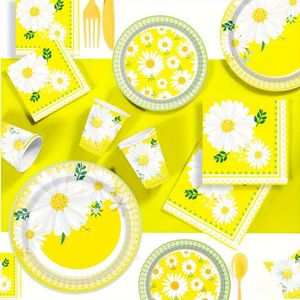 Plato de papel desechable con logotipo personalizado, plato de papel amarillo con flor de Margarita blanca, hojas verdes, flor salvaje, plato de papel con flor de Margarita - Product Image 1