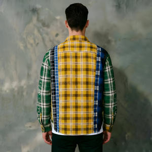 Custom Dropped Shoulders Checkered Long Sleeve <b>Shirts</b> Rhinestones Casual Plaid Flannel <b>Patchwork</b> Panel Button Down <b>Shirt</b> for Men - Product Image 2