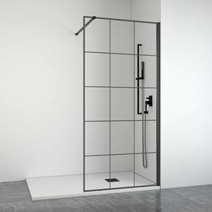 Paroi de <span class=keywords><strong>douche</strong></span> noire à grille, style Crittall industriel, panneau en verre trempé, design italien, pour projets hôteliers et salles de bain - Product Image 1