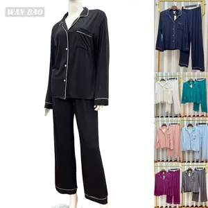 WanBao PJ-001 Satin Modal Women's Sleepwear OEM Factory Long Sleeve Pajamas Sets in Blue and Green 2 Piece Pure Color"