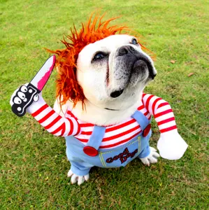 Hund Katze Kostüm Amazon heiß verkaufen lustige Haustier Chucky Hund Kleidung Chuckyy Puppe hält ein Messer Halloween Haustier Hund Kostüm