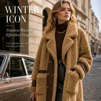 Manteau mi-mollet en peau de mouton pour femme, automne-hiver, camel, avec revers en cuir contrastant, double boutonnage, style décontracté, long blazer