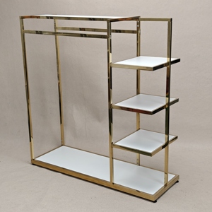 Étagère de présentation en bois blanc à cinq niveaux avec cadre métallique plaqué or pour la vente au détail et l'organisation de rangement à domicile - Product Image 4