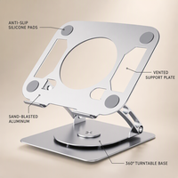 Support de tablette et ordinateur portable en aluminium pliable et rotatif à 360°, réglable, à double charnière, pour bureau, ventilé, vente en gros, OEM, en vrac