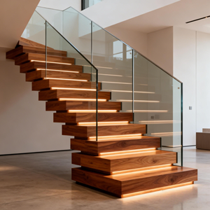 Scala Prefabbricata a Sbalzo Struttura in Acciaio di Arte Moderna Gradini in Legno Massello Ringhiera in Vetro per Interni, Stile di Tendenza - Product Image 4