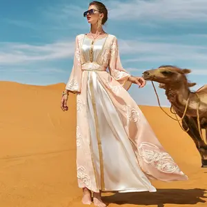 2023 New Hot Selling Desert Rose Heavy Industry Embroidery Two Piece Dress Arabian Robe Set Middle Eastern Women's Muslim Abaya