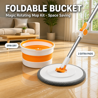 Kit de Mopa Giratoria Mágica con Cubeta Plegable, Diseño que Ahorra Espacio, Palo de Acero Inoxidable, Equipado con Dos Almohadillas de Microfibra de Repuesto
