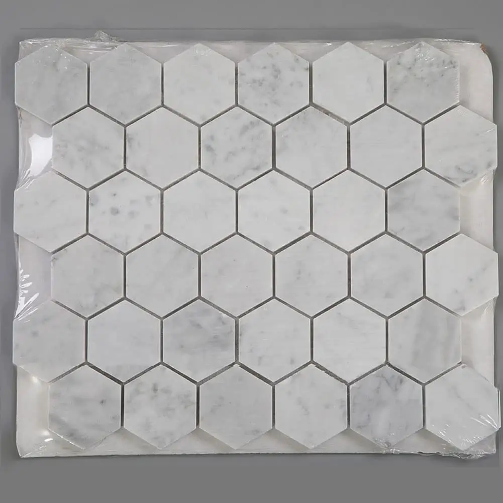 Azulejo de mosaico hexagonal de mármol de 2 pulgadas para baño y cocina, azulejo de Carrera blanca contra salpicaduras