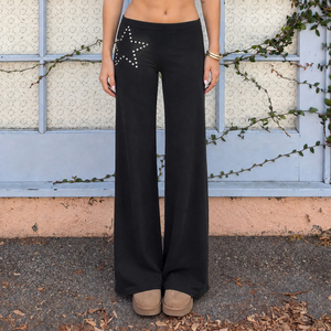 Pantalon long évasé Y2K Sweet Girl à rivets étoiles, taille basse, drapé, décontracté, extensible, flatteur et polyvalent, style Hot Girl - Product Image 1
