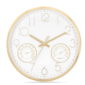 Horloge murale de luxe 14 pouces dorée à mouvement silencieux à quartz avec thermomètre et hygromètre, idéale pour grandes maisons et résidences de prestige - Meilleures ventes - Product Image 1