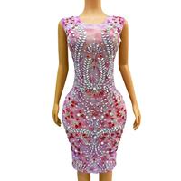 Robe de soirée scintillante sans manches rose avec strass, longueur mi-longue, pour banquet, dîner, femmes, grande taille, robe fourreau pour fête d'anniversaire, tenue de club